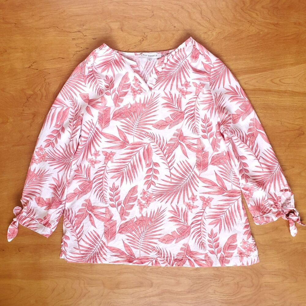 3/4 Sleeve Linen Blend Top Womens M (Fits S - XS) Floral Tropical Beach Coastal